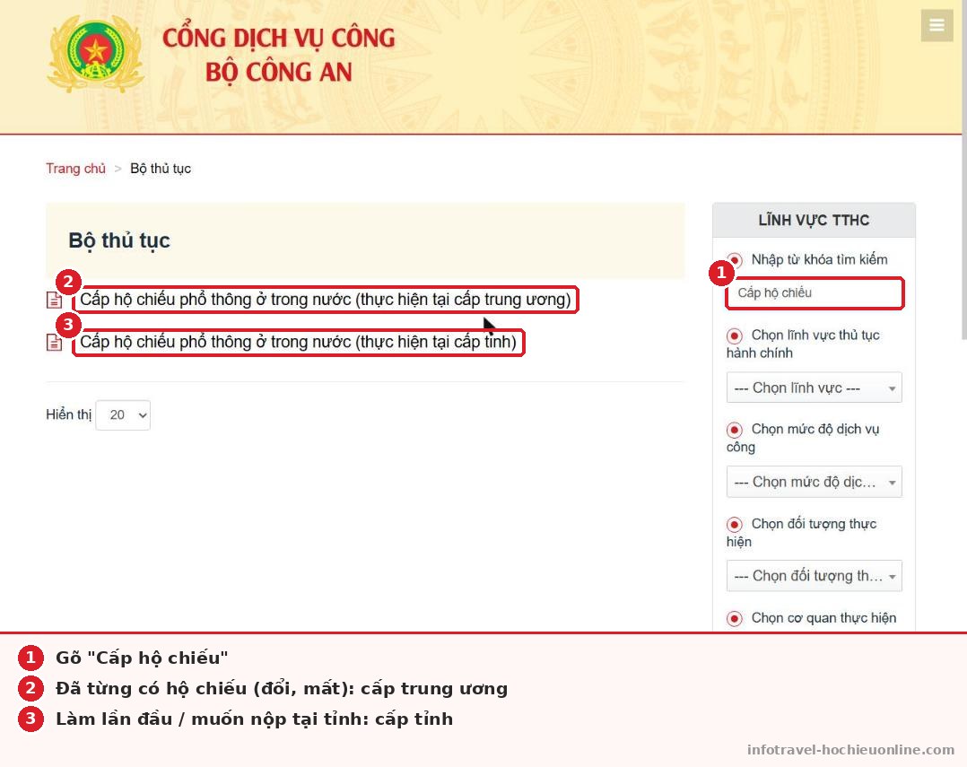 Tìm thủ tục cấp hộ chiếu trên Cổng Dịch vụ công Bộ Công an