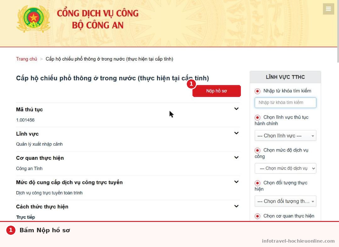Bấm Nộp hồ sơ tại trang thủ tục cấp hộ chiếu