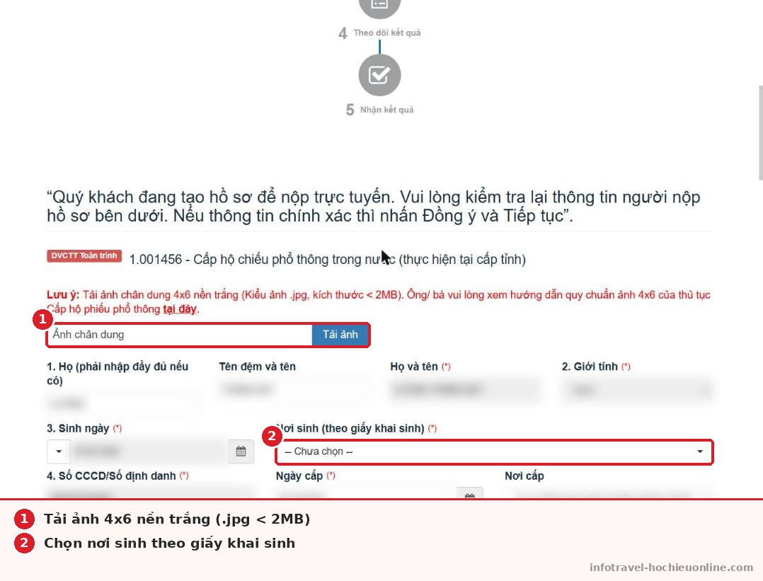 Tải ảnh chân dung và chọn nơi sinh khi làm hộ chiếu online