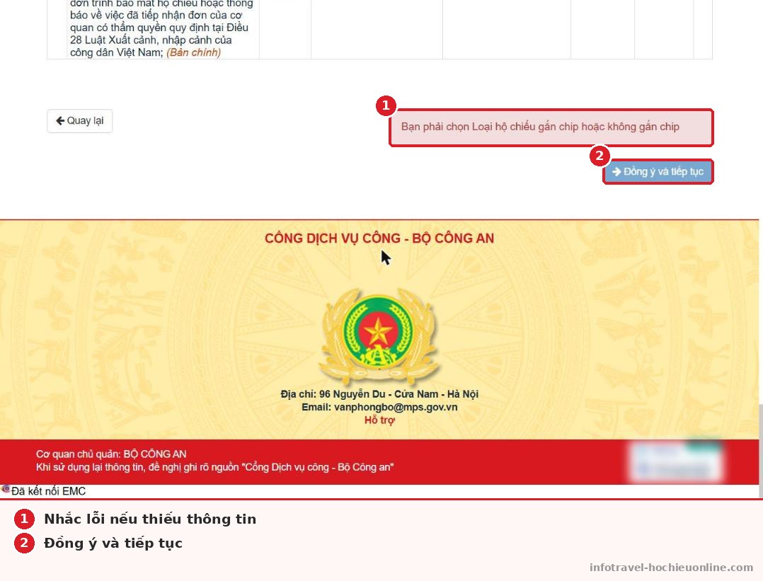 Bấm Đồng ý và tiếp tục để gửi hồ sơ hộ chiếu